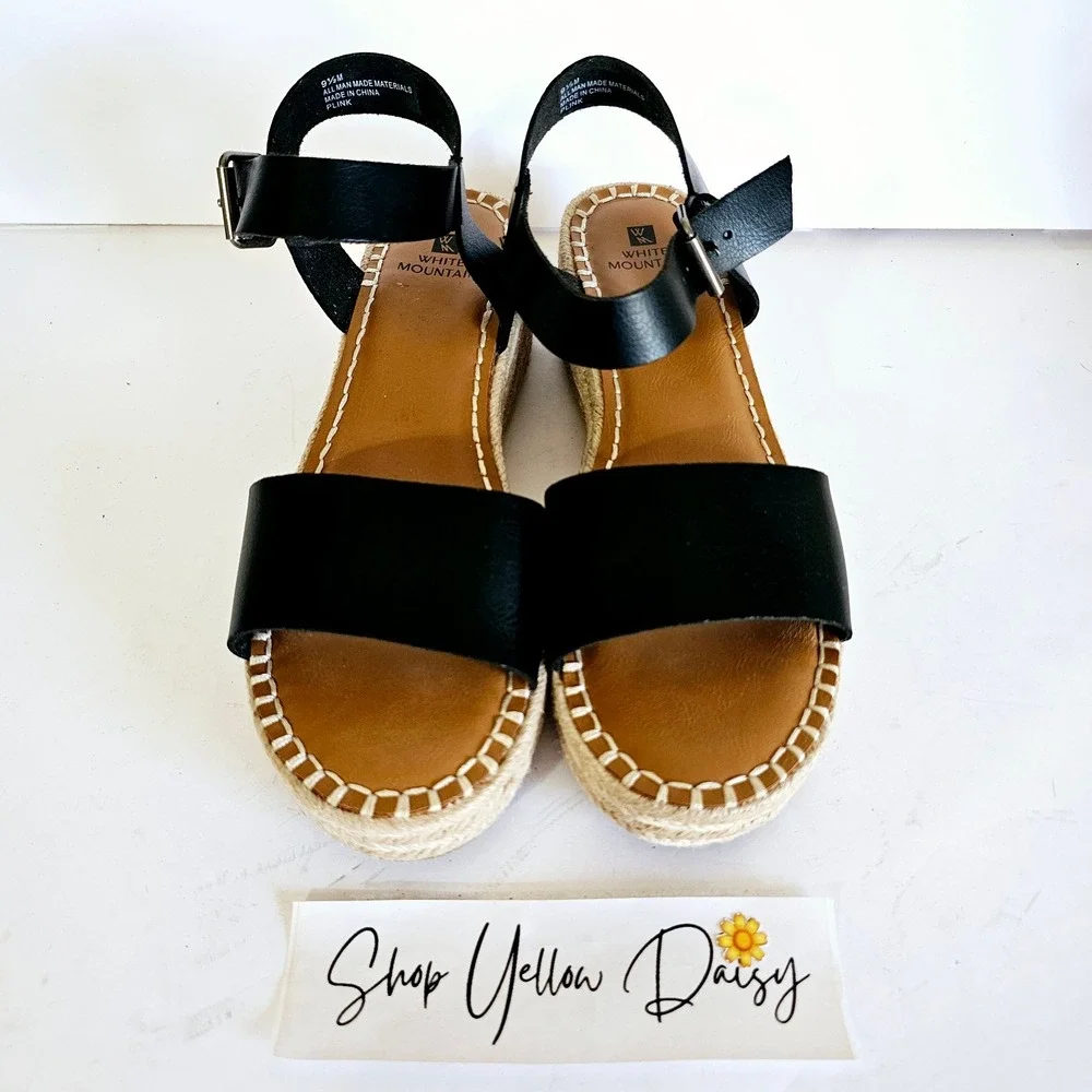 White Mountain Plink Black Espadrille Wedge Sandals Ankle Strap Summer Boho 9.5M